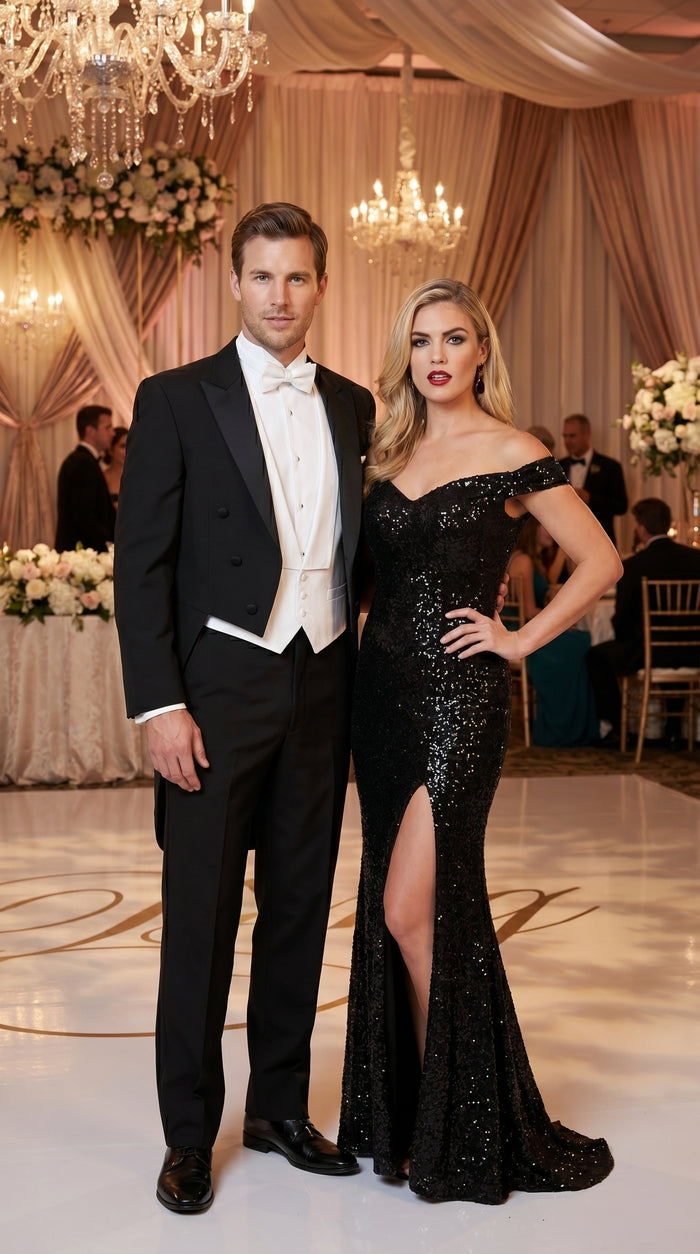 Men’s Black Tailcoat Tuxedo Jacket with Notch Collar, 6 Button Formal Tail Suit