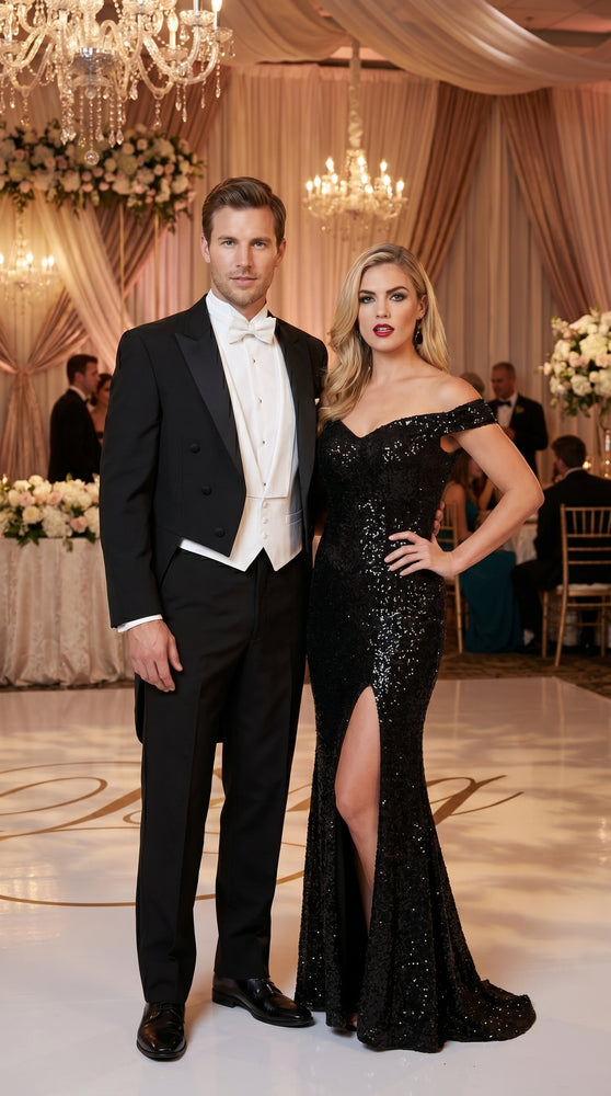 Men’s Black Tailcoat Tuxedo Jacket with Notch Collar, 6 Button Formal Tail Suit