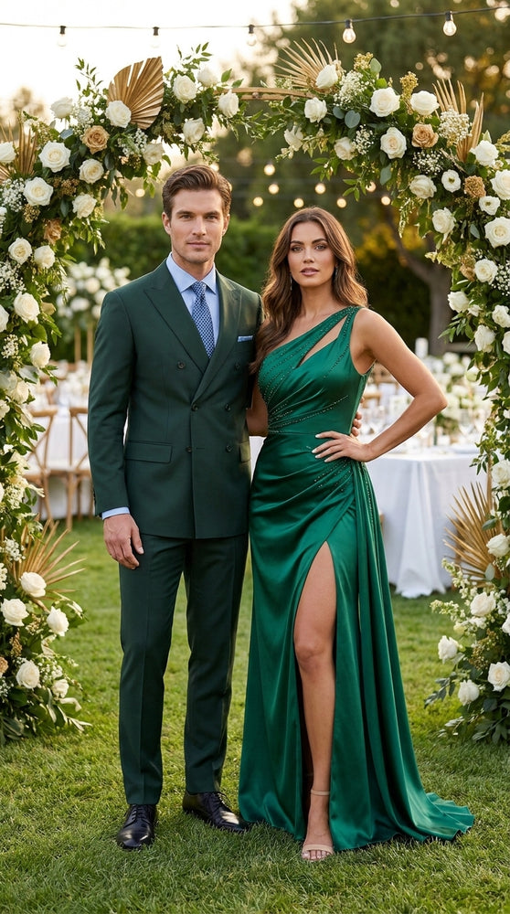 Ramses Collection Men’s Hunter Green Double Breasted 2 Piece Suit, Regular Fit Suit with Elastic Waist Pants