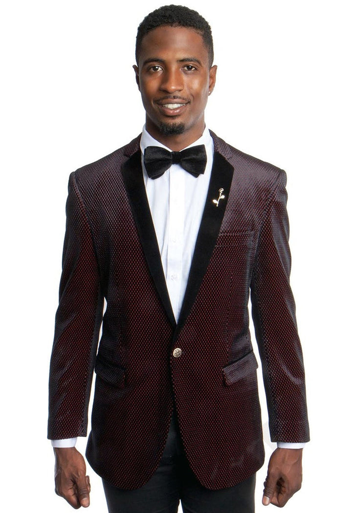 Men's Velvet Tuxedo Dinner Jacket in Black & Red by Tazzio Suits
