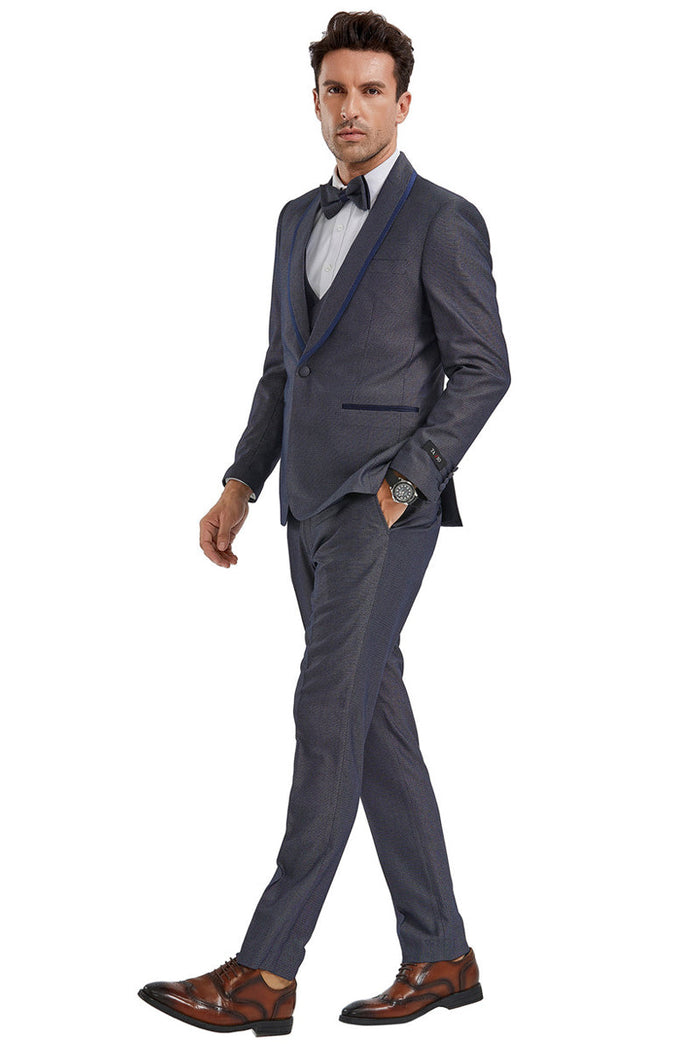 Men's Grey Birdseye Shawl Tuxedo with Blue Trim
