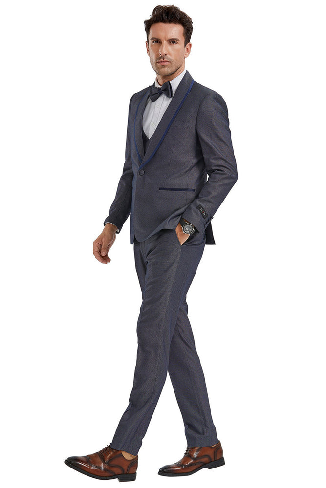 Men's Grey Birdseye Shawl Tuxedo with Blue Trim