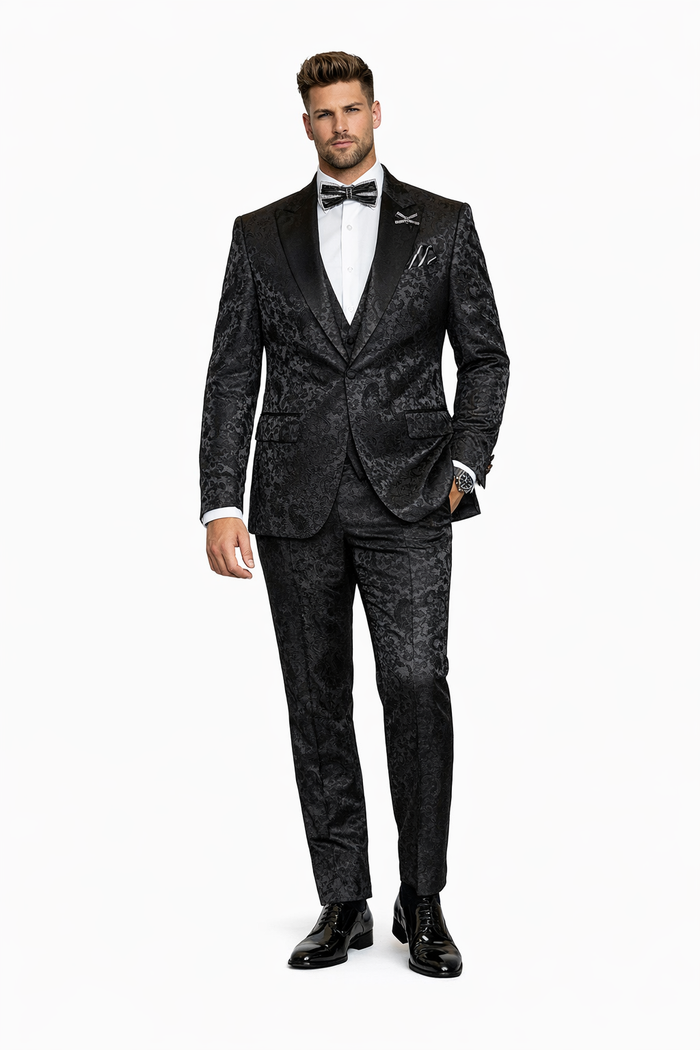 Obsidian Royale Black Jacquard 3-Piece Gala Suit by Rossiman