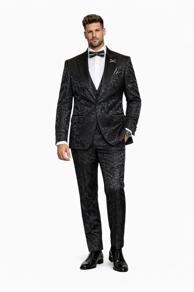 Obsidian Royale Black Jacquard 3-Piece Gala Suit by Rossiman
