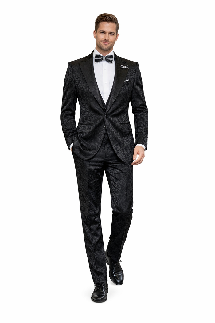 Obsidian Royale Black Jacquard 3-Piece Gala Suit by Rossiman
