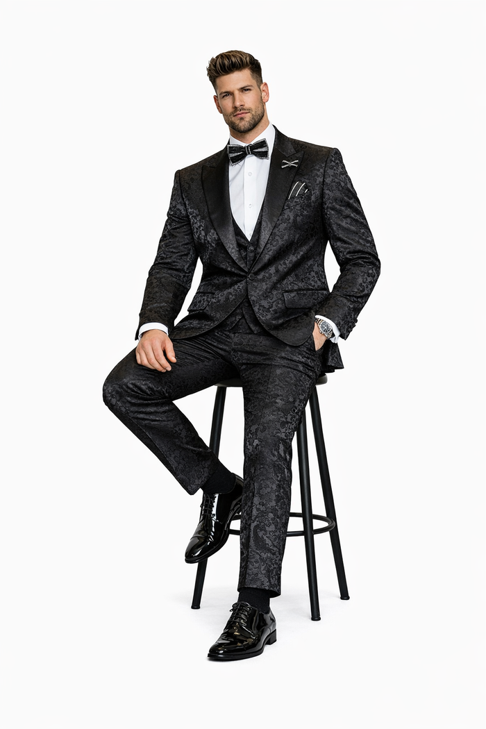 Obsidian Royale Black Jacquard 3-Piece Gala Suit by Rossiman
