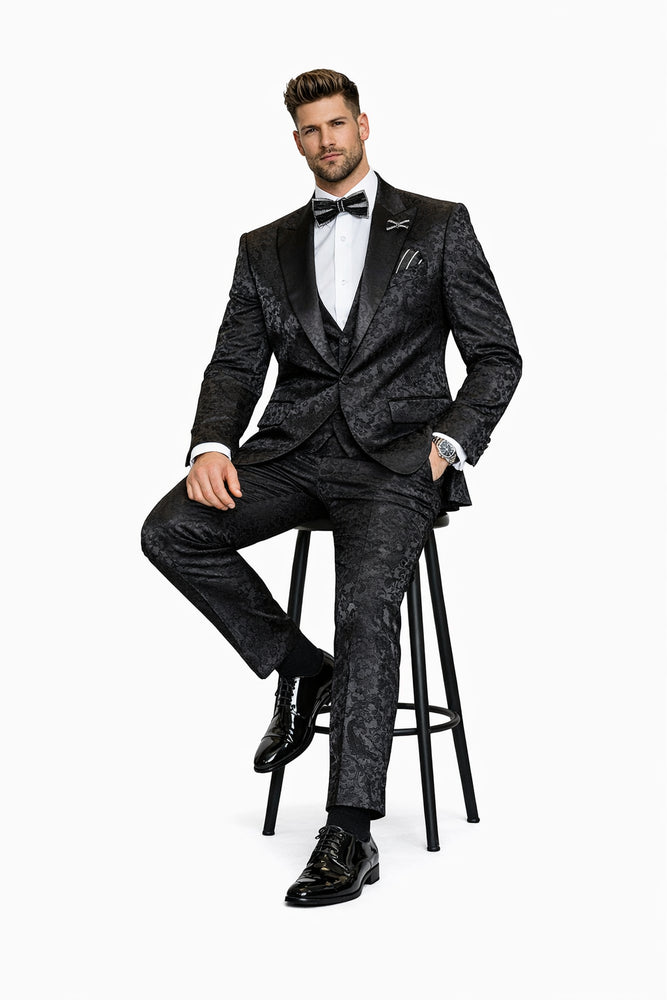 Obsidian Royale Black Jacquard 3-Piece Gala Suit by Rossiman