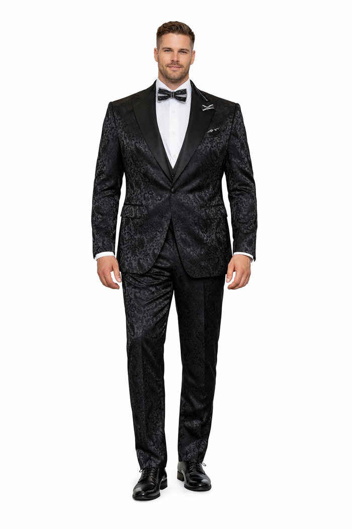 Obsidian Royale Black Jacquard 3-Piece Gala Suit by Rossiman