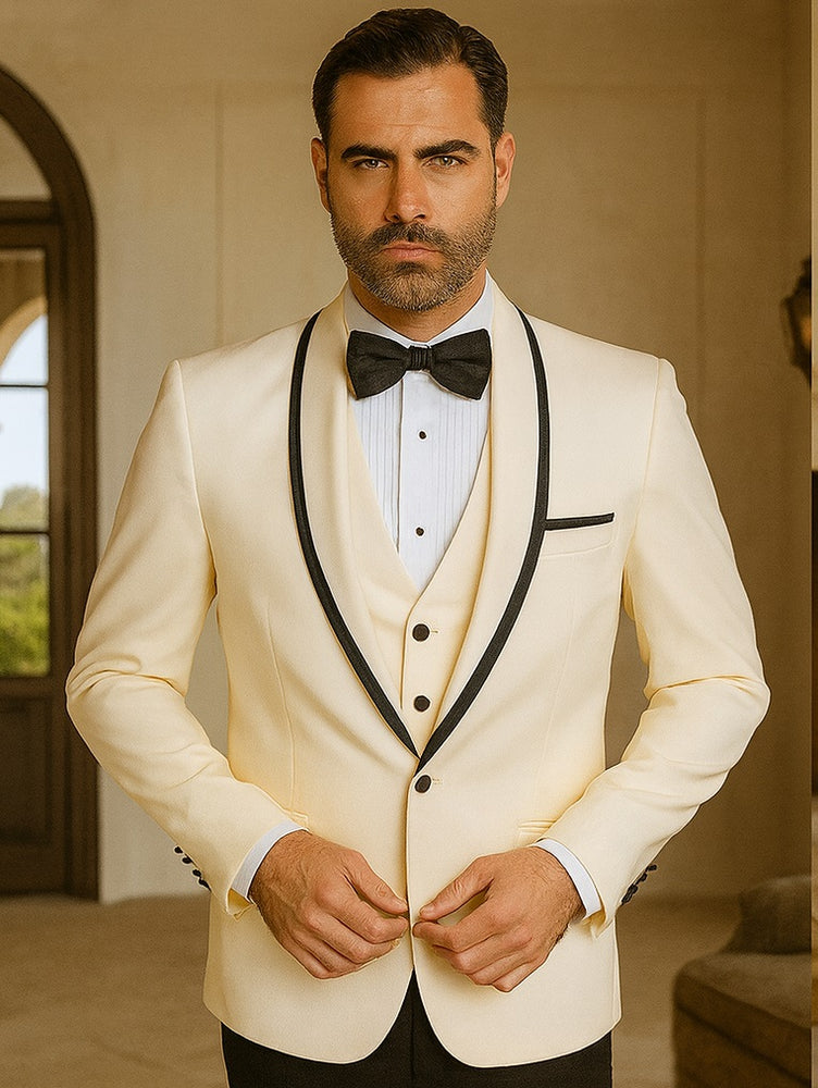 Mens Vested Wool Tuxedo in Shawl Lapel with Satin Trim in Ivory & Black