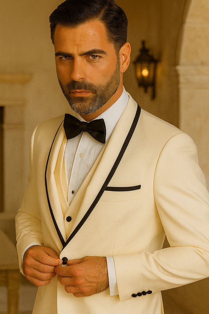 Mens Vested Wool Tuxedo in Shawl Lapel with Satin Trim in Ivory & Black
