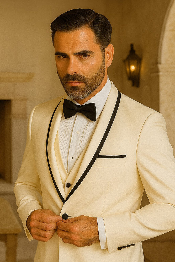 Mens Vested Wool Tuxedo in Shawl Lapel with Satin Trim in Ivory & Black