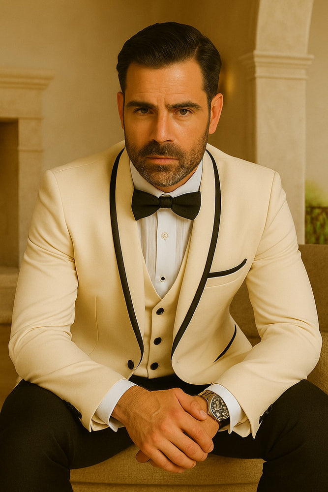 Mens Vested Wool Tuxedo in Shawl Lapel with Satin Trim in Ivory & Black