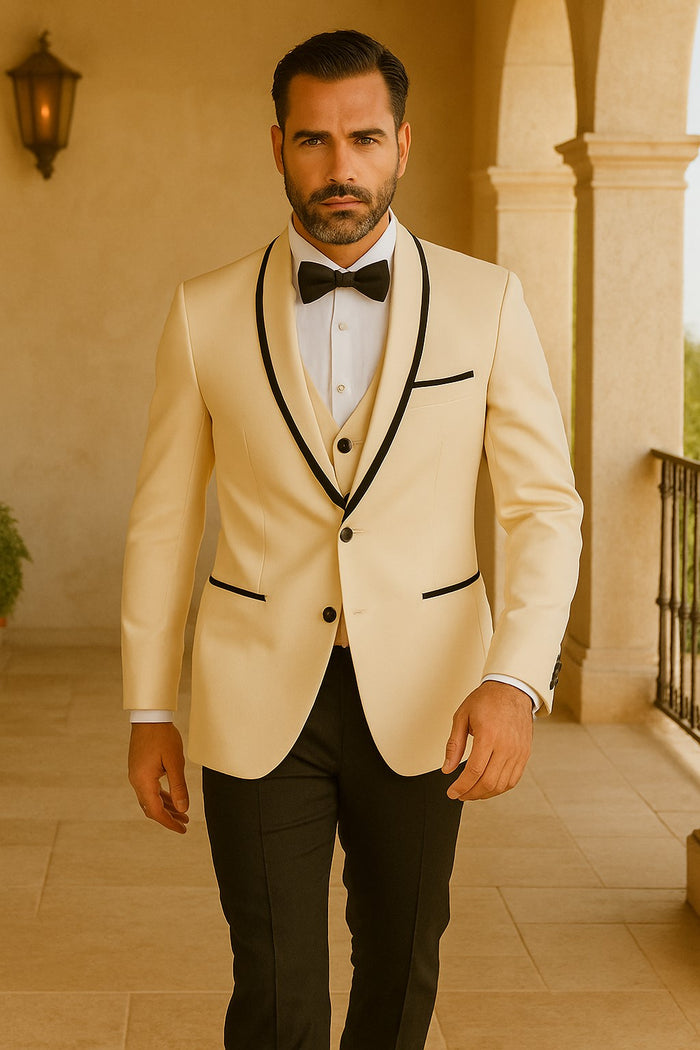 Mens Vested Wool Tuxedo in Shawl Lapel with Satin Trim in Ivory & Black
