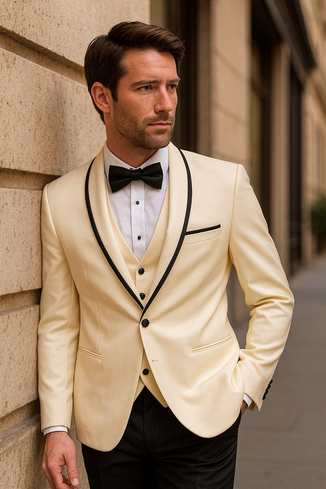 Mens Vested Wool Tuxedo in Shawl Lapel with Satin Trim in Ivory & Black