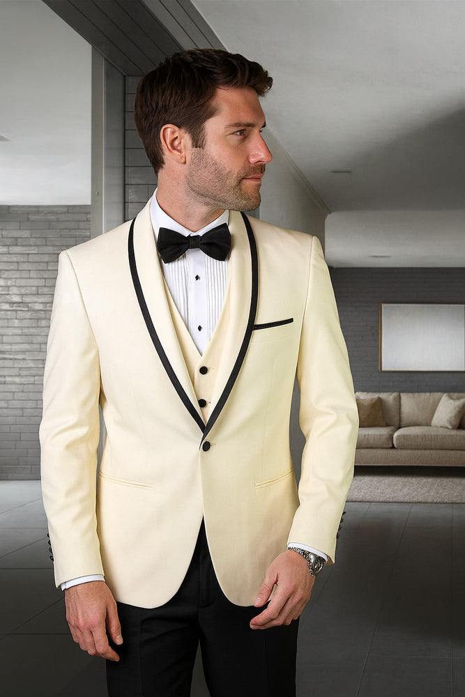 Mens Vested Wool Tuxedo in Shawl Lapel with Satin Trim in Ivory & Black