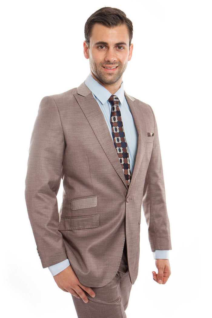 Men's One Button Sharkskin Suit in Dark Tan by Tazzio Suits