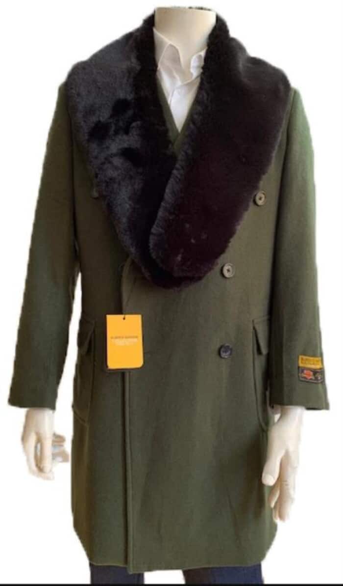 Wool & Cashmere Peacoat, Olive Green Double-Breasted 3/4 Length Winter Coat
