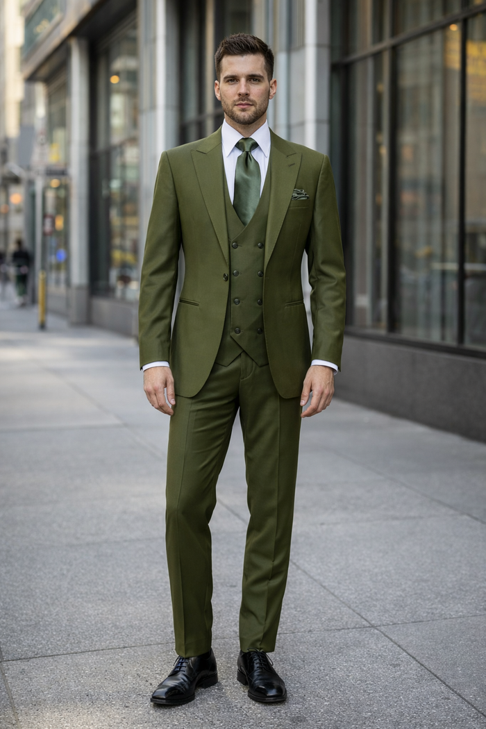 Olive Regent Double-Breasted Green 3-Piece Prestige Suit by Rossiman