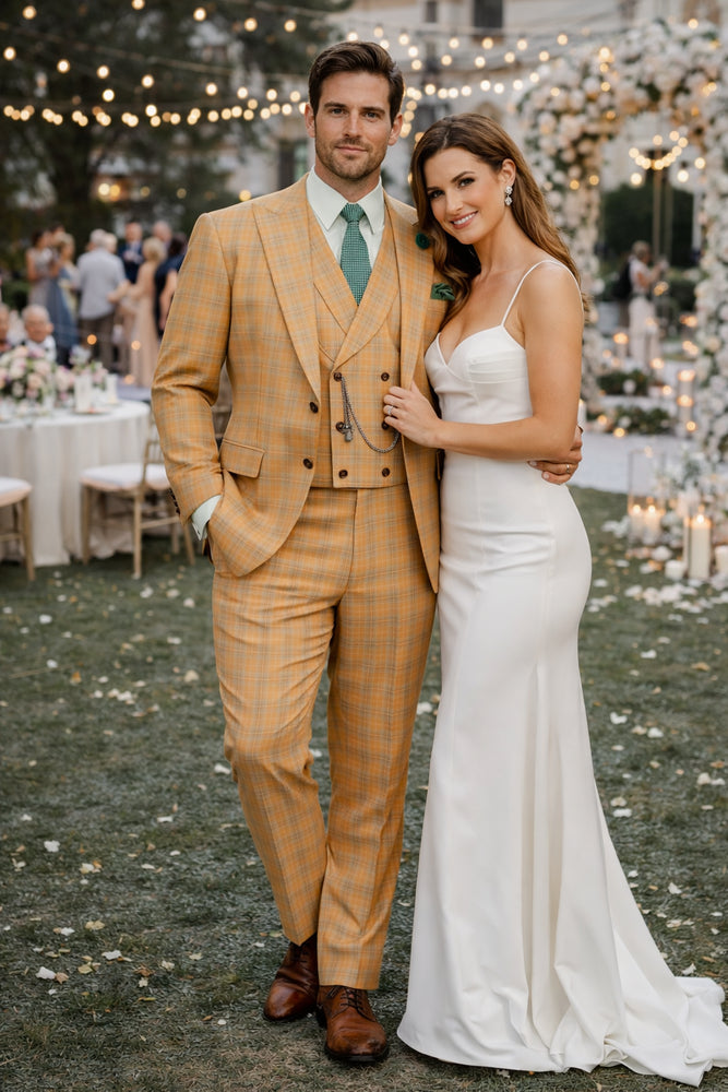 Orange Plaid Suit - Vested Suit - 3 Piece Suits - Peak Lapel Suits - Windowpane Suit - 2 Button