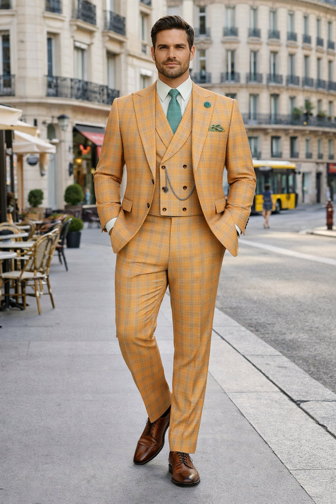 Orange Plaid Suit - Vested Suit - 3 Piece Suits - Peak Lapel Suits - Windowpane Suit - 2 Button
