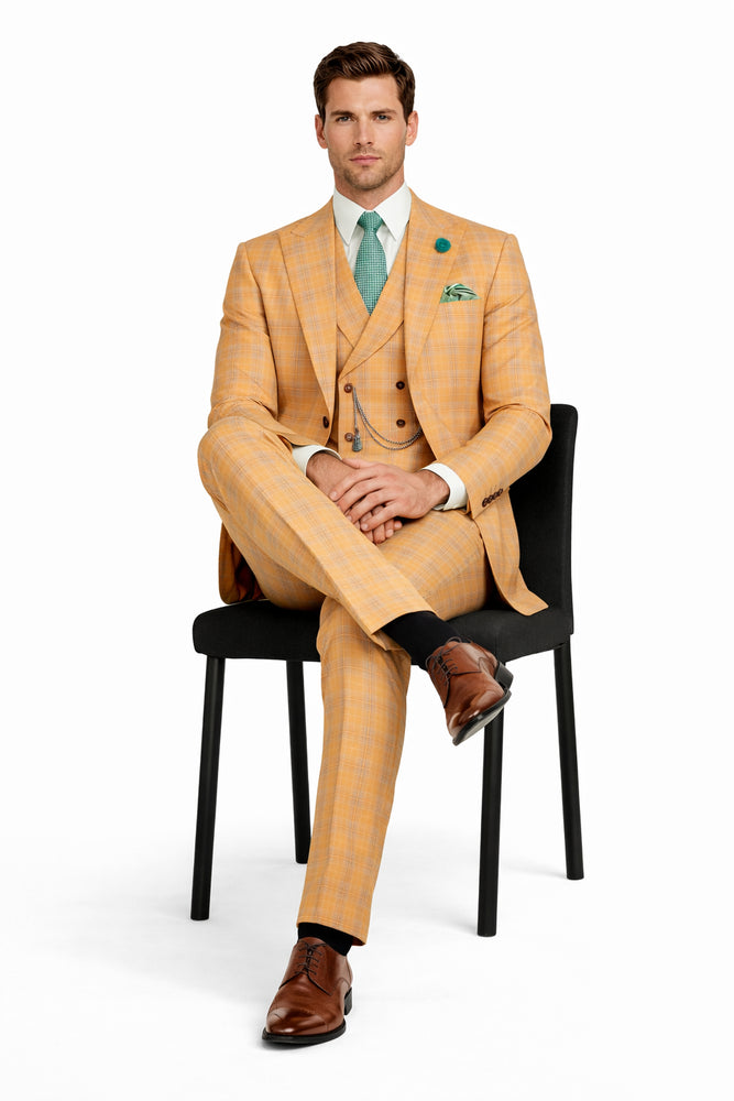 Orange Plaid Suit - Vested Suit - 3 Piece Suits - Peak Lapel Suits - Windowpane Suit - 2 Button