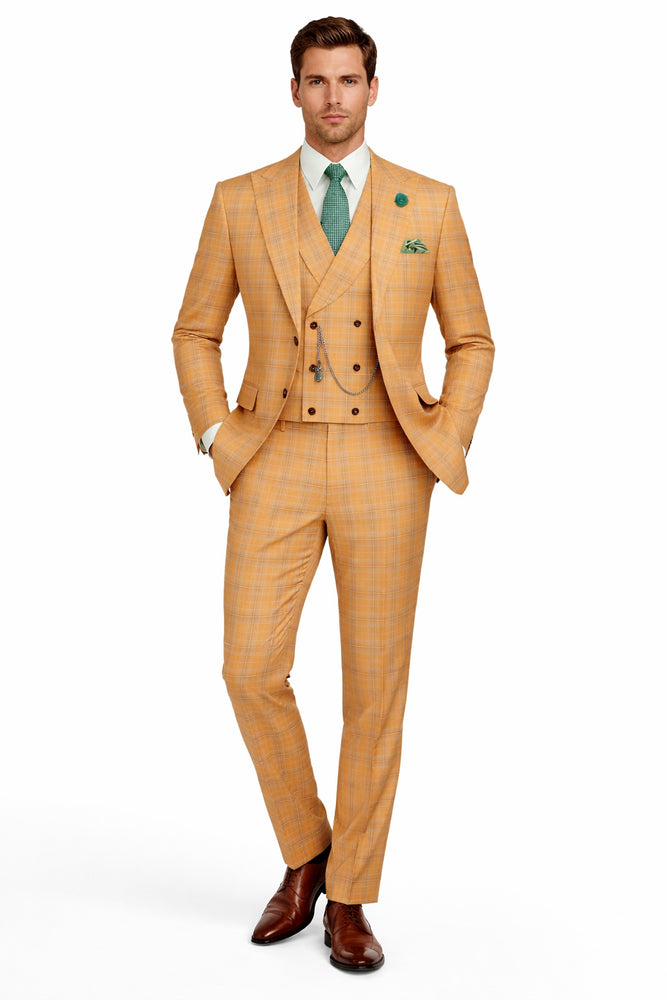 Orange Plaid Suit - Vested Suit - 3 Piece Suits - Peak Lapel Suits - Windowpane Suit - 2 Button