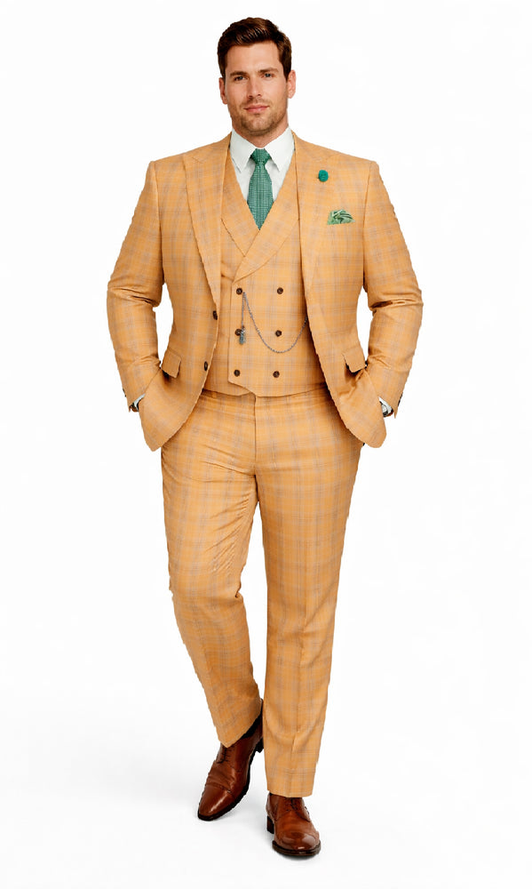 Orange Plaid Suit - Vested Suit - 3 Piece Suits - Peak Lapel Suits - Windowpane Suit - 2 Button