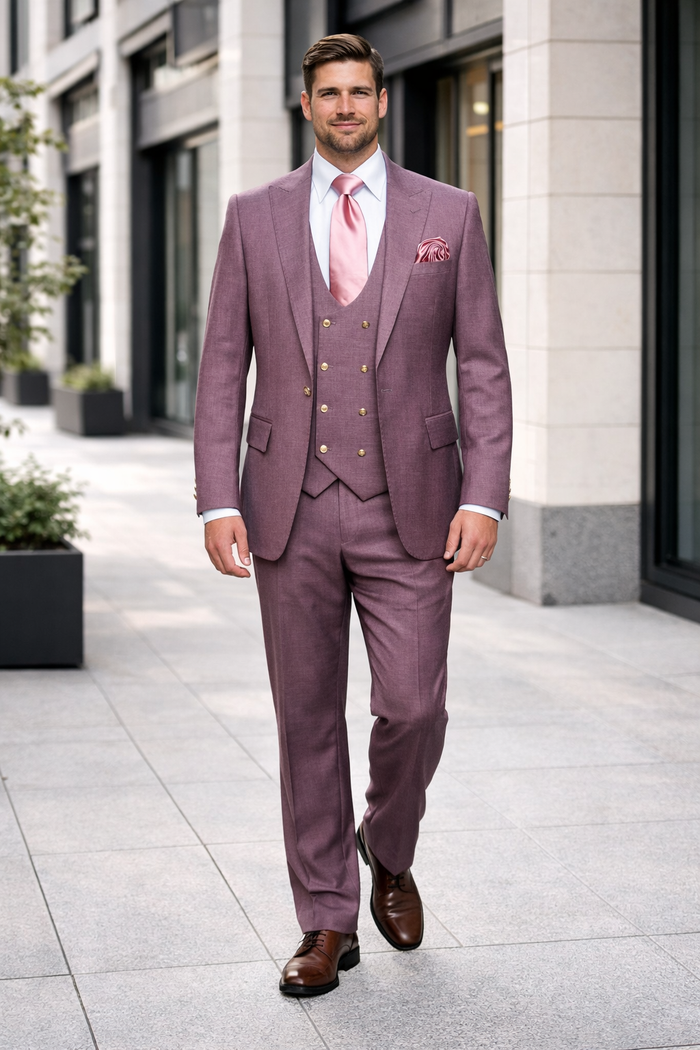 Orchid Plum 3-Piece Luxury Wedding Suit with Pink Accents by Rossiman