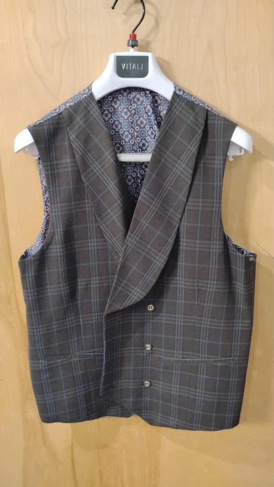 Vitali Men’s Brown Grey with Blue Check 3 Piece Suit – Classic Plaid Formal Suit Set with Blazer, Vest & Trousers, Business Wedding Party Wear for Men Slim Fit