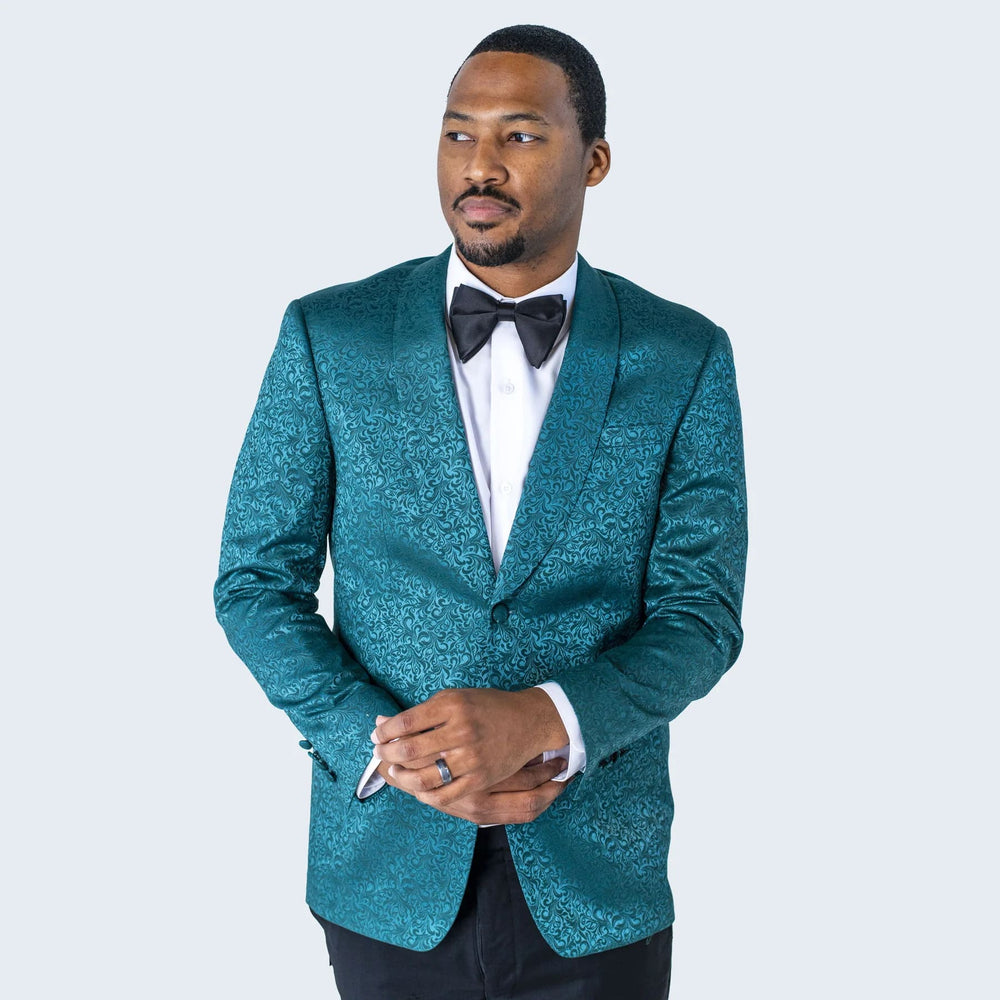 Mens Teal Blue Paisley Tuxedo Jacket – Elegant Shawl Lapel Dinner Blazer for Weddings, Prom and Formal Events - Greenish Blue
