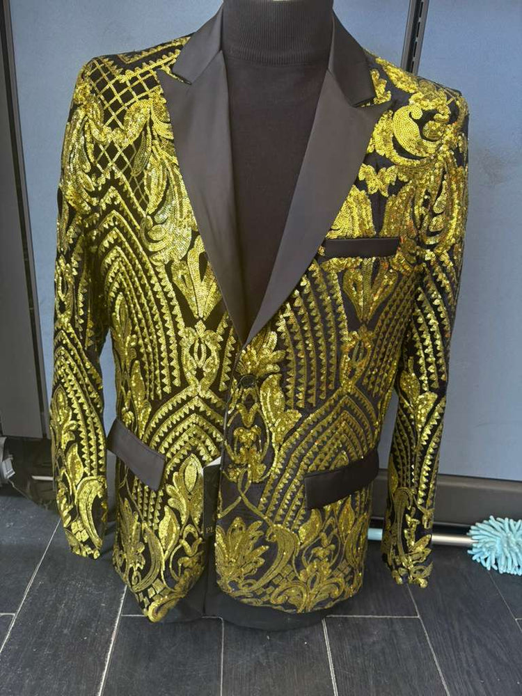 Mens Black and Gold Pattern Blazer – Gold Floral Luxury Formal Blazer Jacket for Prom, Wedding and Party Slim Fitted