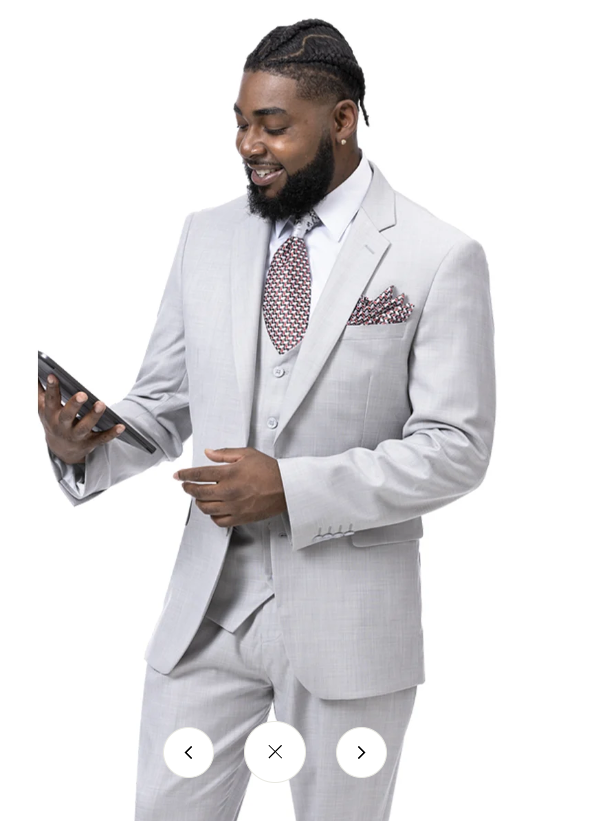 Men’s Light Grey Sharkskin 3 Piece Business Suit – Slim Fit Two Button Vested Wedding & Silver Suit