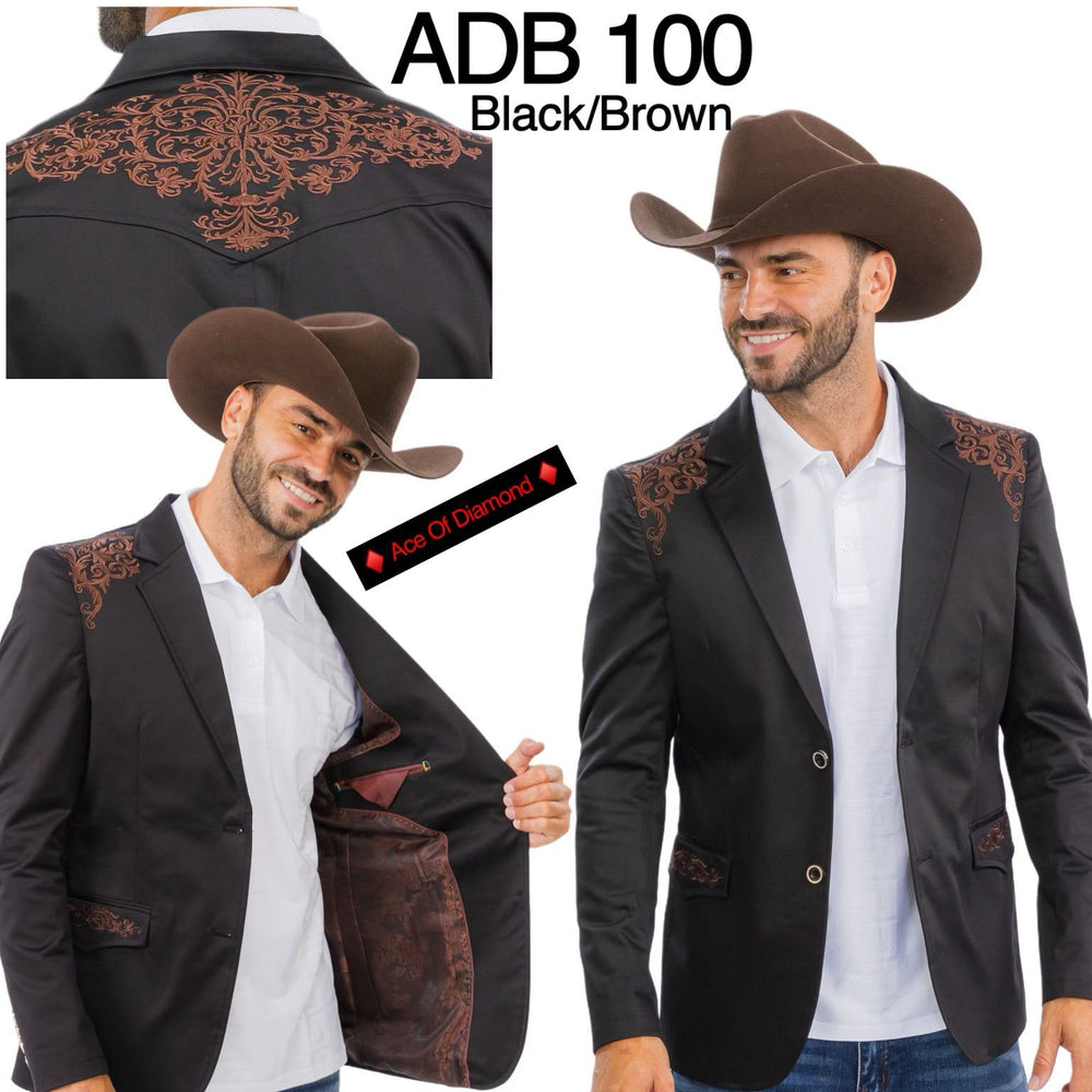 Men’s Black & Brown Western Blazer – Cowboy Sport Coat with Brown Embroidered Shoulder & Back Design
