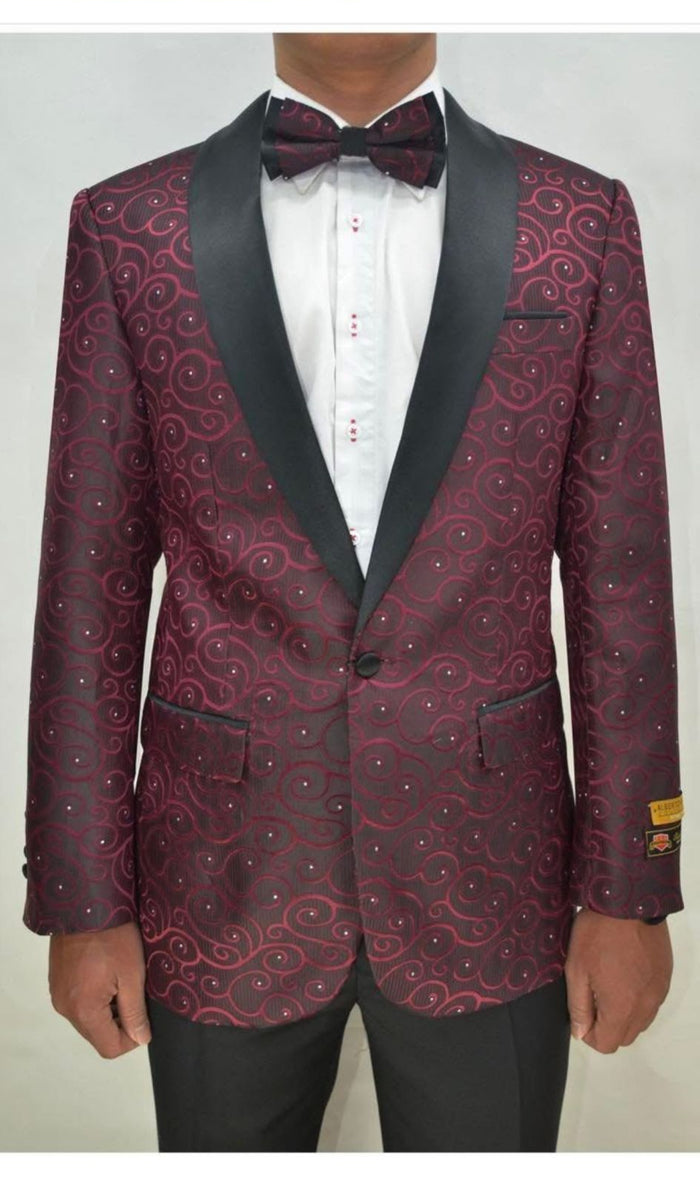 Men’s Burgundy Paisley Tuxedo Jacket – Slim Fit Dinner Blazer with Black Satin Lapel With Bowtie