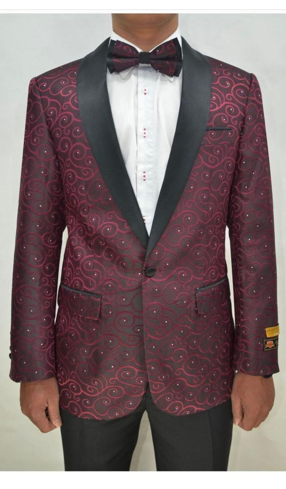 Men’s Burgundy Paisley Tuxedo Jacket – Slim Fit Dinner Blazer with Black Satin Lapel With Bowtie