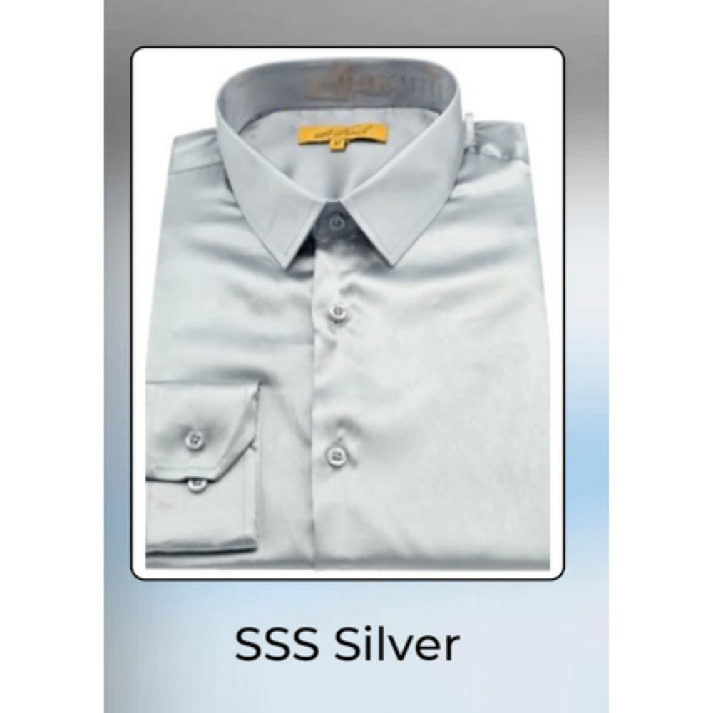 Men’s Silver Satin Dress Shirt and Pants Set – Luxury Slim Fit Outfit for Parties, Weddings, and Formal Events