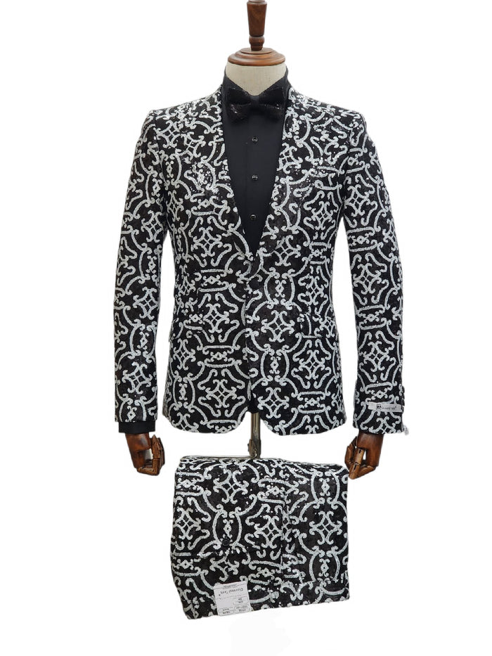 Men’s Black and Silver Sequin Tuxedo – Slim Fit 2-Piece Party and Wedding Suit with Sparkling Design- Black and White Color