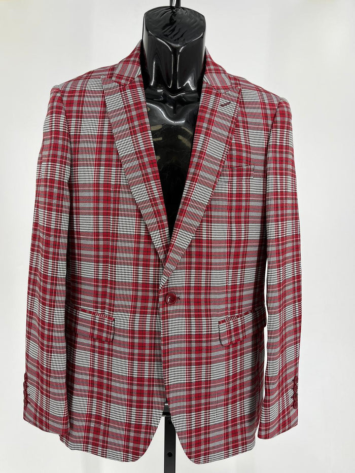 Men’s Red Tartan Plaid Blazer Checkered Sport Coat Holiday New Year  Gray Windowpane