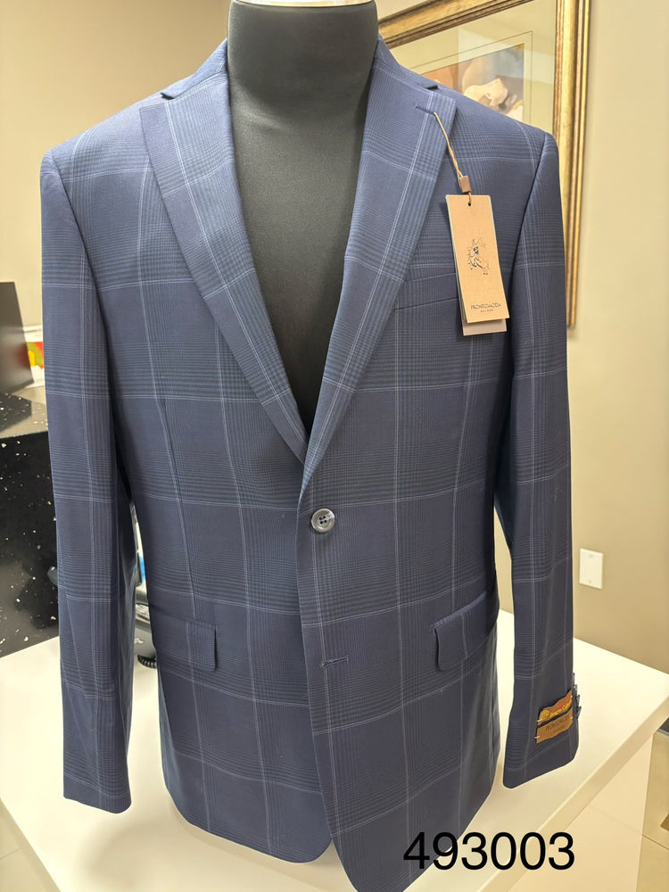 Men’s Navy Blue Plaid Wool Blazer – English Style Textured Wool Winter Sport Coat  Windowpane pattern