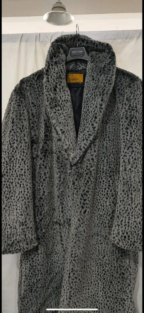 Men’s Luxury Long Grey Faux Fur Coat – Winter Overcoat with Animal Print Design