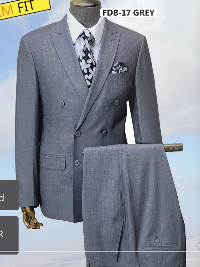 Mens Grey Tone on Tone Double-Breasted Suit – Classic Slim Fit 2 Piece Formal Business Gray Shadow Stripe