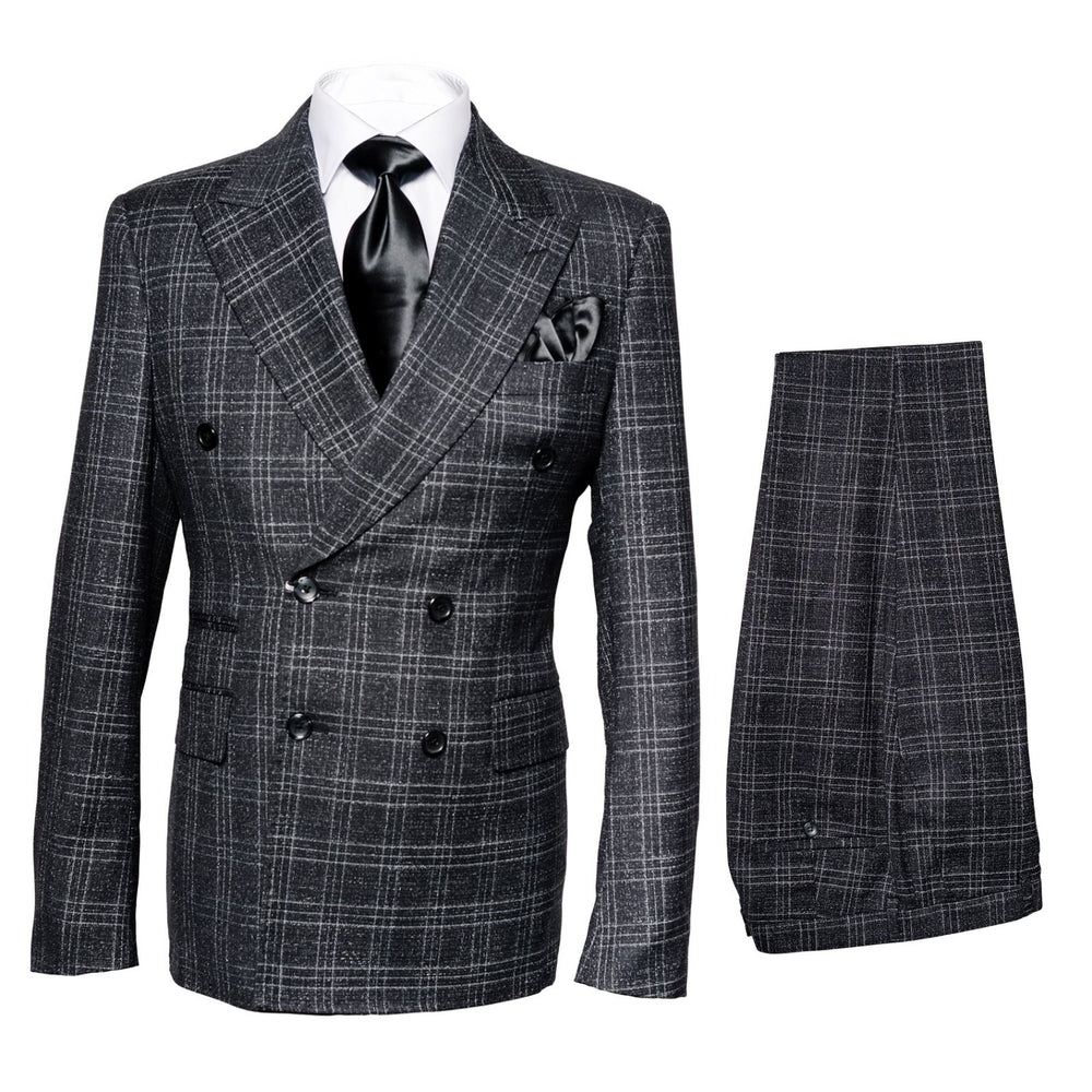 Men’s Charcoal Plaid Double-Breasted Suits –  Tailored Pants Windowpane Pattern By Rossiman