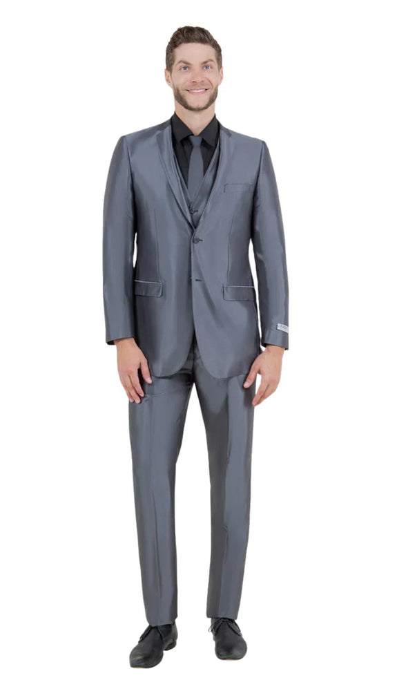 Men’s Dark Grey Shiny Two-Piece Suit – Slim Fitted Formal Jacket and Tailored Pants - Sateen Metalic in Charcoal Gray Color