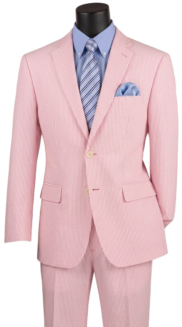 Men’s Pink Seersucker 2 Piece Suit, Lightweight Summer Dress Suit for Weddings, Prom, Parties, and Special Occasions