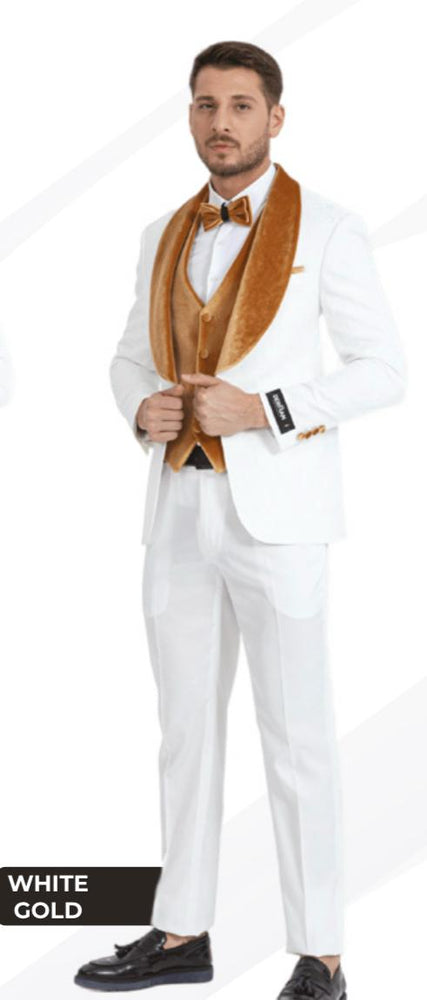 Men's White & Gold Tuxedo – Velvet Shawl Lapel 3 Piece Wedding & Prom Suit