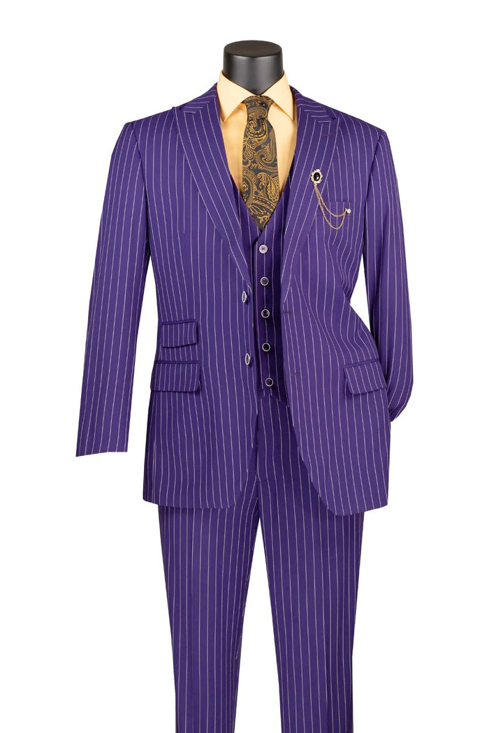 Men’s Purple Pinstripe Mardi Gras Suit | Three Piece Carnival Formal Suit with Vest