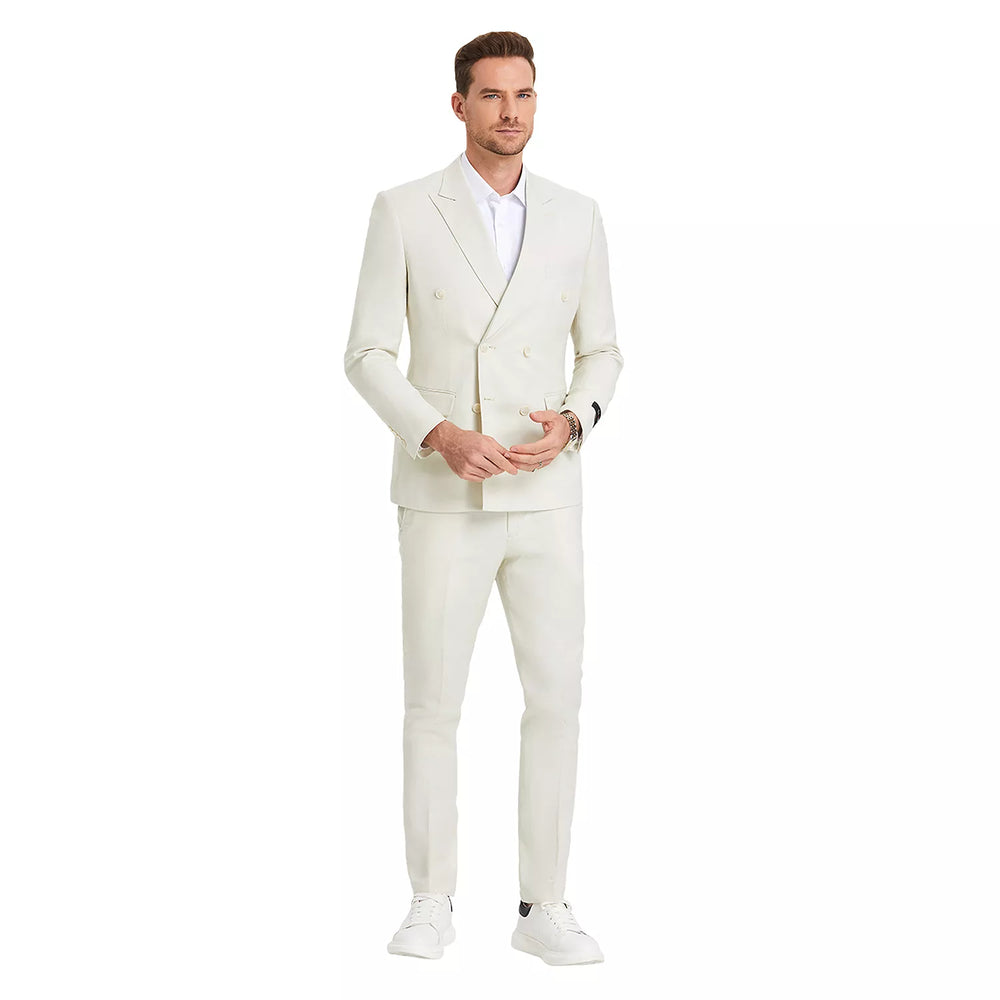 Men’s Ivory Cream Double-Breasted Linen Suit – Off-White Summer Wedding Slim Fitted 2-Piece Suit Cream Color
