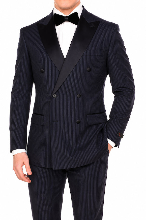 Men’s Navy Blue Double-Breasted Tuxedo – Tone-on-Tone Shadow Pinstripe Formal Wedding and Prom Suit