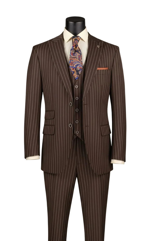 Men’s Doctor Who Inspired Brown Pinstripe 3-Piece Suit – Retro Vintage Wedding, Costume & Formal Suit