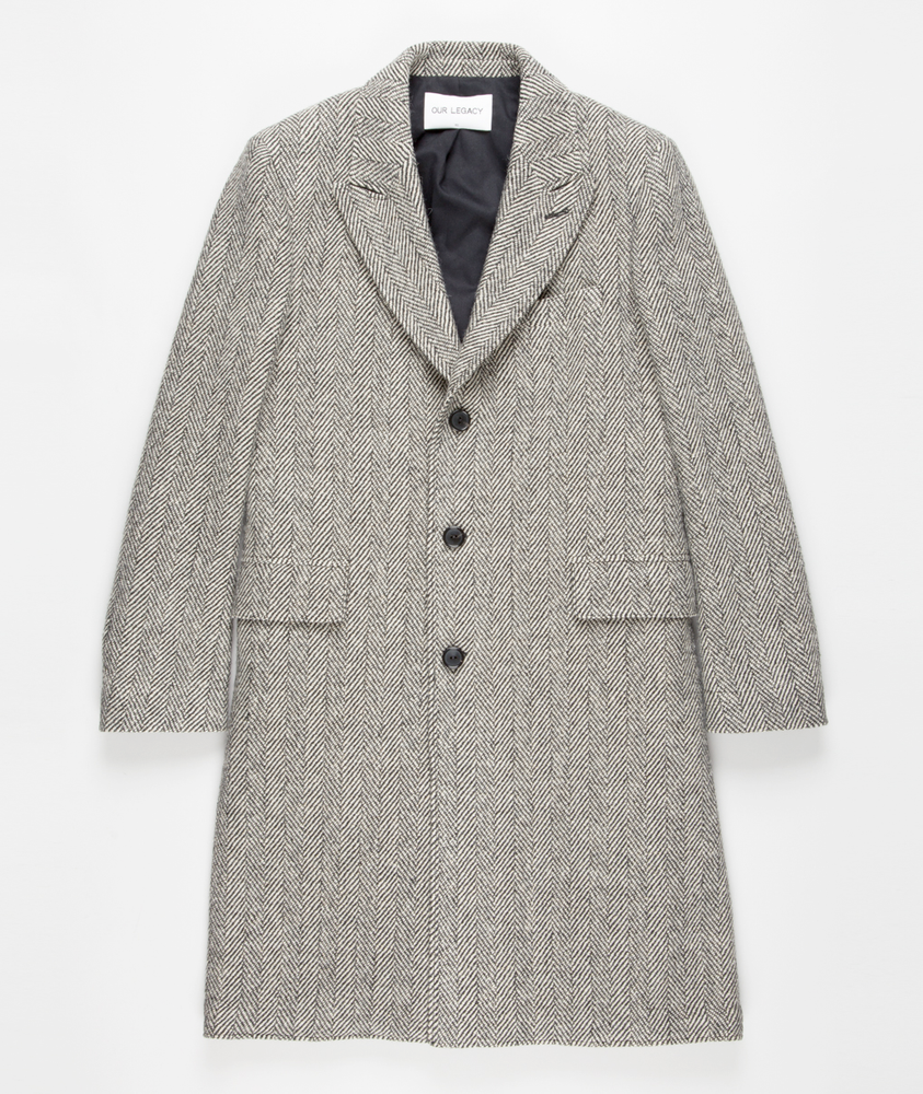 Men’s Grey Herringbone Long Overcoat – Tweed Black and White Pattern Wool Topcoat Three Qaurter